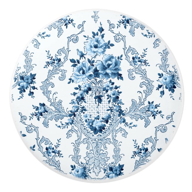 Elegant Blue and White Fransk Rococo Blommigt Knopp (Framsidan)