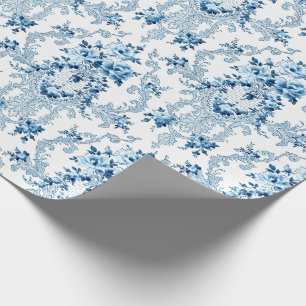 Elegant Blue and White Fransk Rococo Blommigt Presentpapper