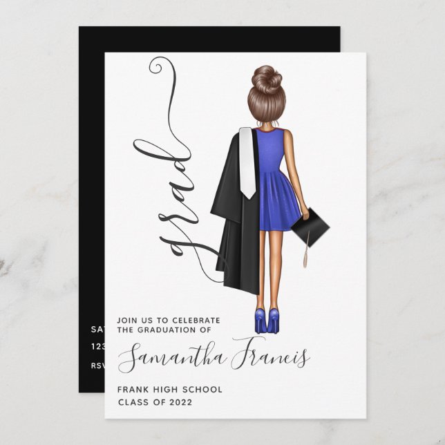 Elegant Blue and White Girl Studentfest Invit Inbjudningar (Fram/baksida)