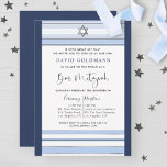 Elegant Blue and White Stripe Tallit Pub Mitzvah Inbjudningar<br><div class="desc">Vänner och familj i inbjudan med den här eleganten, Pub Mitzvah-inbjudan med blå och vit randig design. Inbjudan med rand i blek blå, silver vit och marin blå toner. Möjlighet att lägga till information om ceremoni och mottagning, lunch, middag eller party! Vattenfärgscelestial karta med konstellationer på grund gräns. Silver rand...</div>