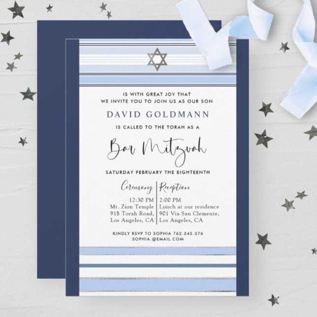 Elegant Blue and White Stripe Tallit Pub Mitzvah Inbjudningar (Skapare uppladdad)