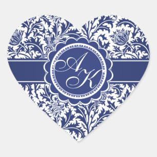 Elegant Blue and White William Morris Blommigt Hjärtformat Klistermärke