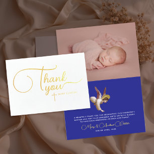 Elegant Blue Angel Bless Baptism Gratitude Typo Folierat Kort