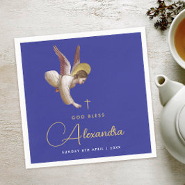 Elegant Blue Angel Bless Baptism Guld Calligraphy Pappersservett