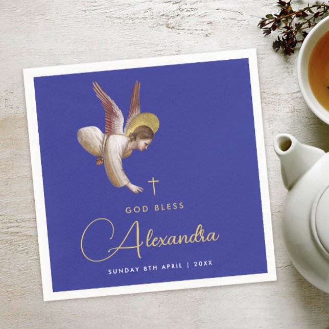 Elegant Blue Angel Bless Baptism Guld Calligraphy Pappersservett (Skapare uppladdad)