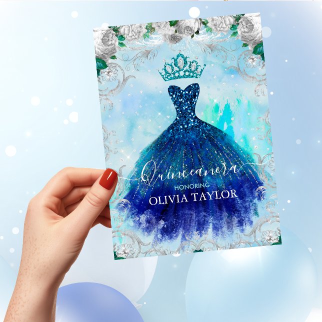 Elegant blue aqua blommigt glitter gown Quinceaner Inbjudningar (Skapare uppladdad)