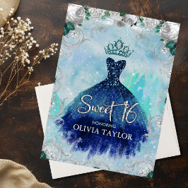 Elegant blue aqua blommigt glitter gown söt 16 inv inbjudningar