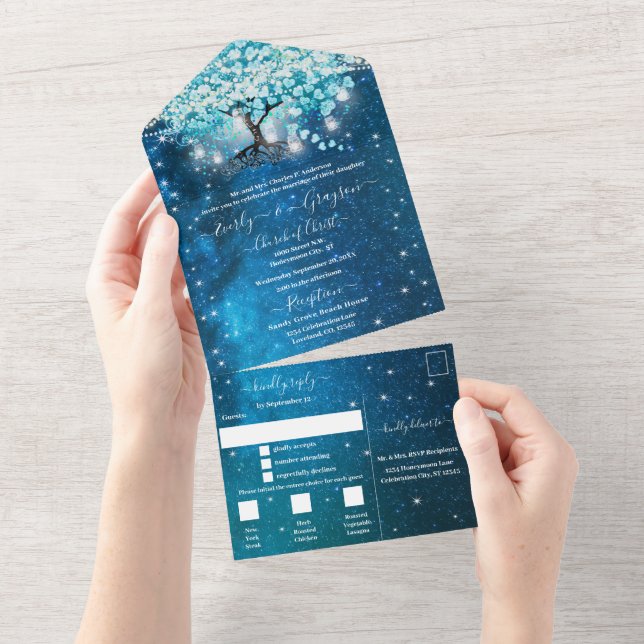 Elegant Blue Aqua Teal Heart Löv Träd Bröllop (Avrivbar del)