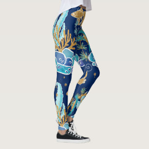 Elegant Blue Aqua Turquise Guld Glitter Ocean Leggings