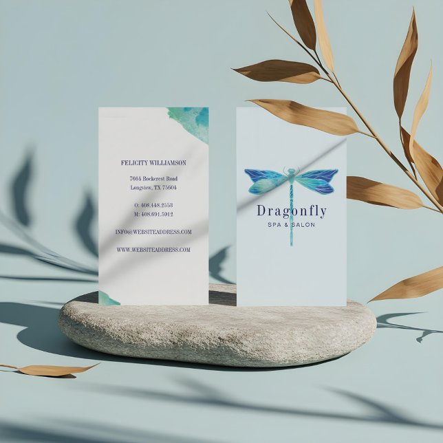 Elegant Blue & Aqua Watercolor Dragonfly Visitkort (Elegant Blue & Aqua Watercolor Dragonfly Business Card)