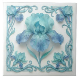 Elegant Blue Art Deco Stylized Lilies Kakelplatta