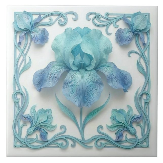 Elegant Blue Art Deco Stylized Lilies Kakelplatta (Framsidan)