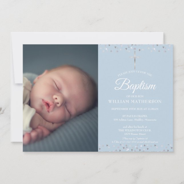 Elegant Blue Baptism, Christening Photo Inbjudningar (Framsida)