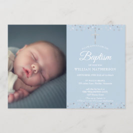 Elegant Blue Baptism, Christening Photo Inbjudningar