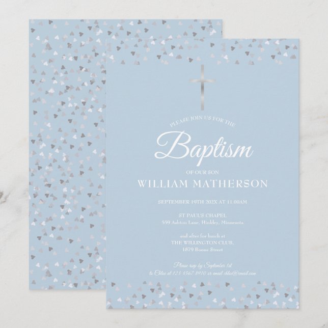 Elegant Blue Baptism Christening Silver Hearts Inbjudningar (Fram/baksida)
