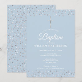 Elegant Blue Baptism Christening Silver Hearts Inbjudningar