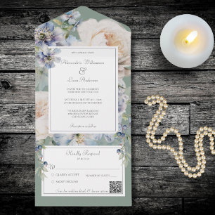 Elegant Blue & Beige-Blommigt på Grönten QR-kod