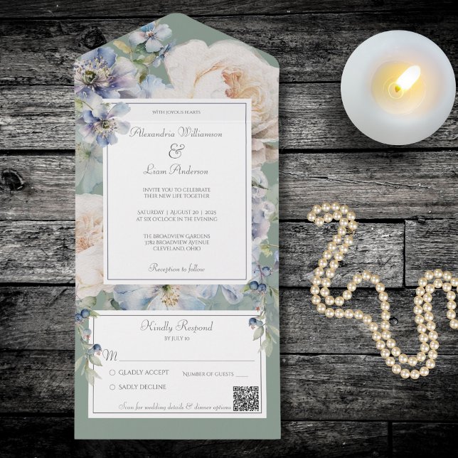 Elegant Blue & Beige-Blommigt på Grönten QR-kod (Skapare uppladdad)