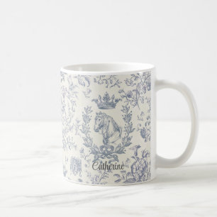 Elegant Blue Beige Equestrian Blommigt Toile Namn Kaffemugg
