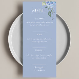 Elegant Blue Beige Hydrangea Bröllop Menu Meny