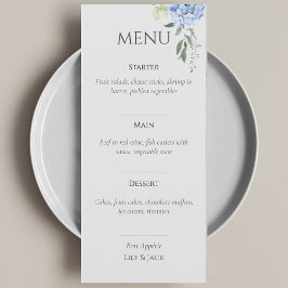 Elegant Blue Beige Hydrangea Bröllop Menu Meny