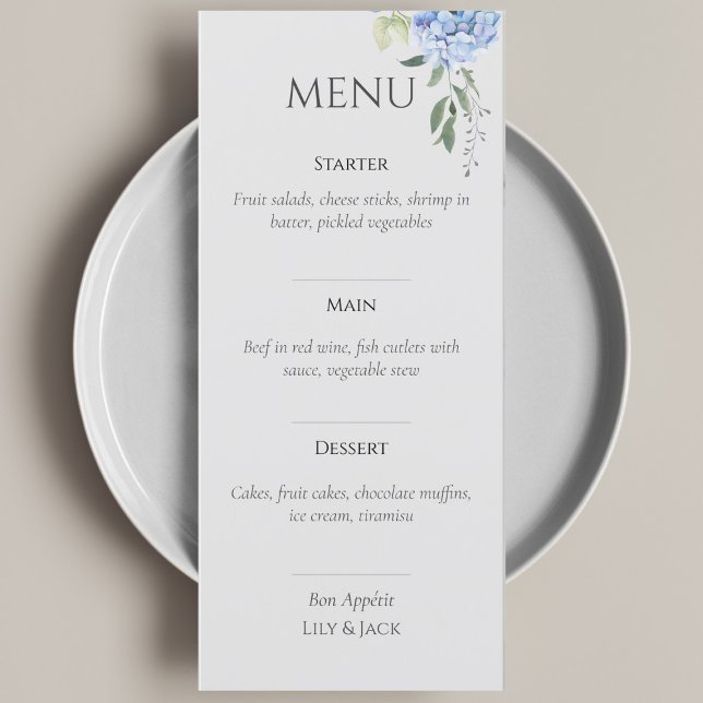 Elegant Blue Beige Hydrangea Bröllop Menu Meny (Skapare uppladdad)