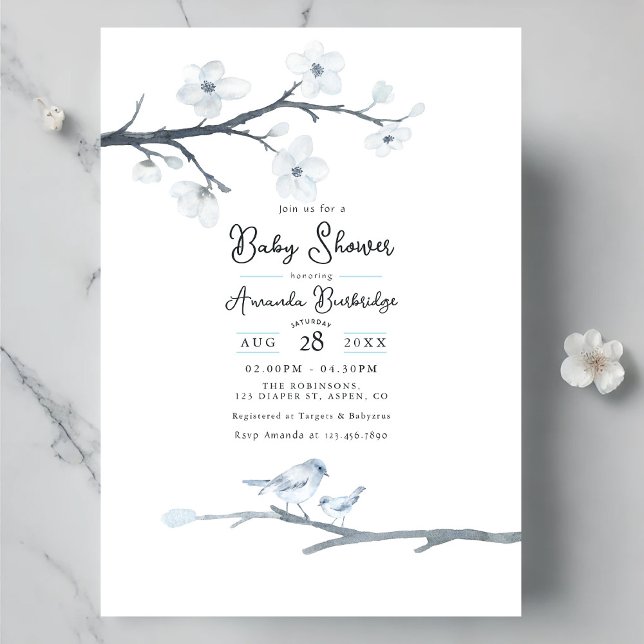 Elegant Blue Bird and Cherry Blommar Baby Shower Inbjudningar (Elegant Blue Bird and Cherry Blossom Baby Shower Invitation)