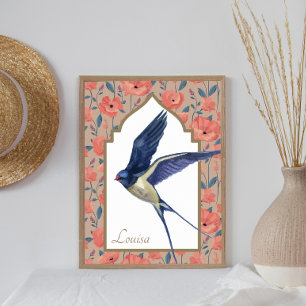 Elegant Blue Bird Sparrow Poppies Anpassningsbar W Poster