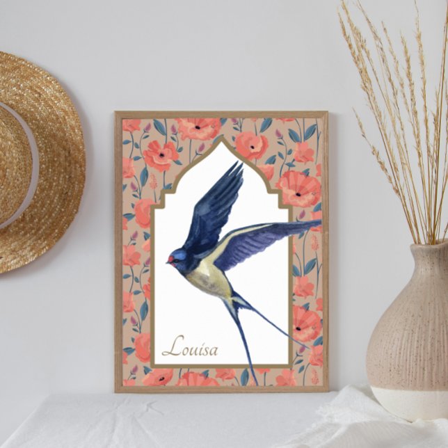 Elegant Blue Bird Sparrow Poppies Anpassningsbar W Poster (Skapare uppladdad)
