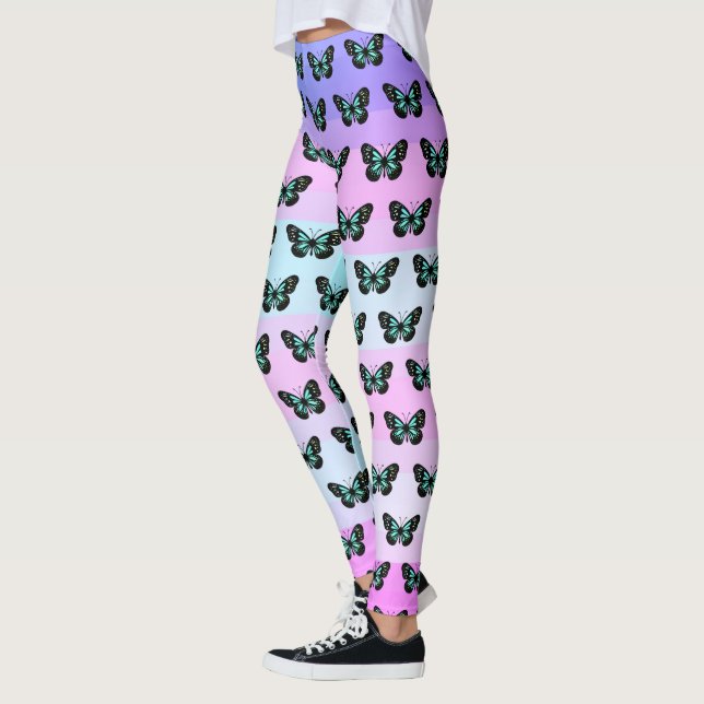 Elegant Blue & Black Butterfly Mönster Leggings (Vänster)