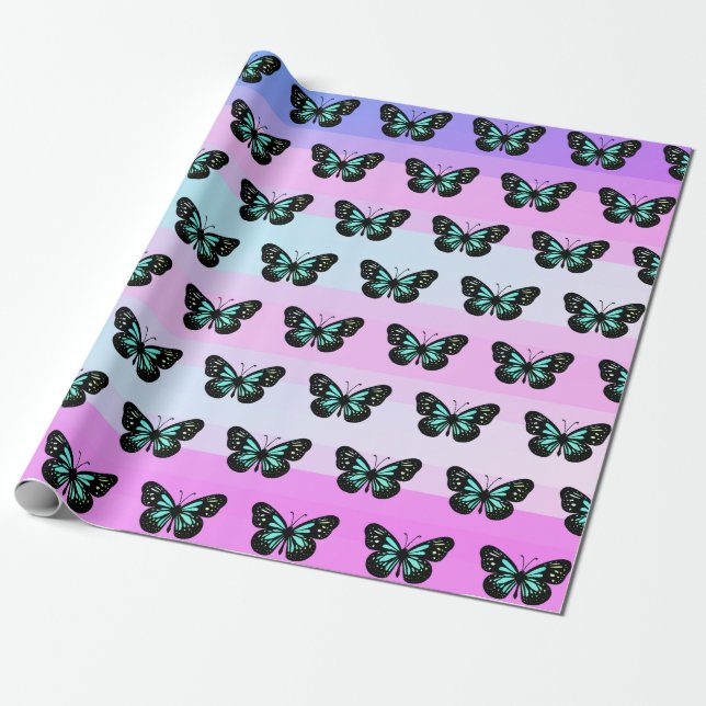 Elegant Blue & Black Butterfly Mönster Presentpapper (Utrullad)
