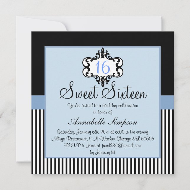 Elegant Blue & Black Chic Sweet 16 Inbjudan (Framsida)