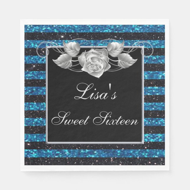 Elegant Blue Black Glitter Silver Ro Sweet 16 Pappersservett (Framsidan)