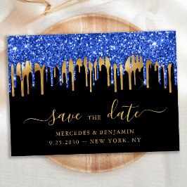 Elegant Blue Black Gold Glitter Drips Wedding Spara Datumet