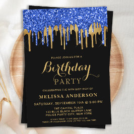 Elegant Blue Black Guld Glitter Drives Birthday Inbjudningar