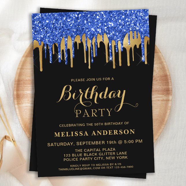 Elegant Blue Black Guld Glitter Drives Birthday Inbjudningar (Skapare uppladdad)