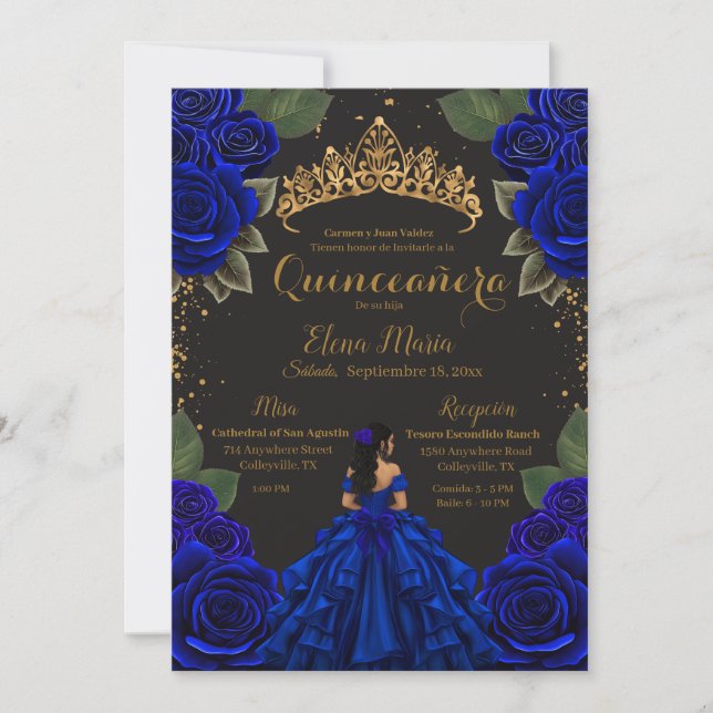 Elegant Blue Black Quinceañera Ro Guld Glitter Inbjudningar (Framsida)