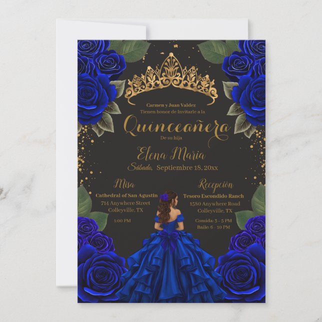 Elegant Blue Black Quinceañera Ro Guld Glitter Inbjudningar (Framsida)