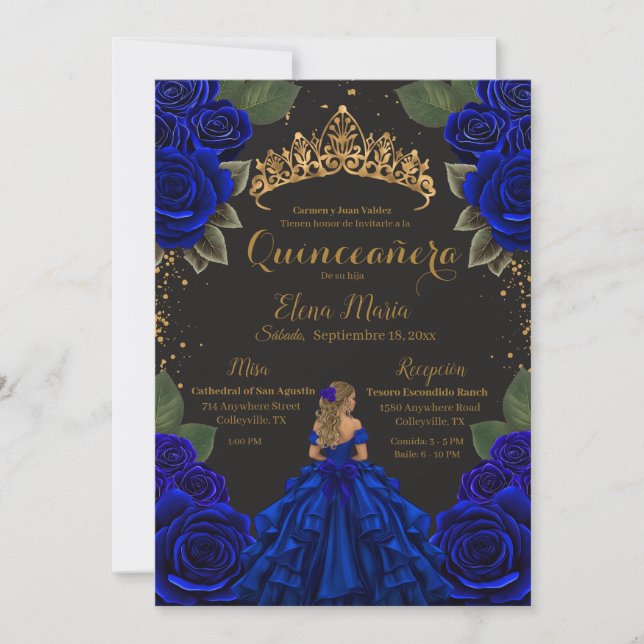 Elegant Blue Black Quinceañera Ro Guld Glitter Inbjudningar (Framsida)