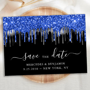 Elegant Blue Black Silver Glitter Drips Wedding Spara Datumet