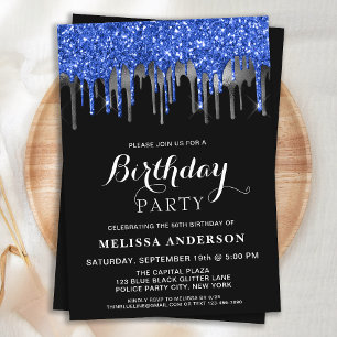 Elegant Blue Black Silver Glitter Drives Birthday Inbjudningar