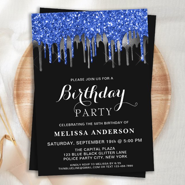 Elegant Blue Black Silver Glitter Drives Birthday Inbjudningar (Skapare uppladdad)