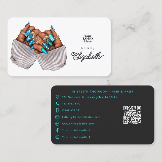 Elegant Blue Black Woman Nail Salon Branding Desig Visitkort (Fram/baksida)