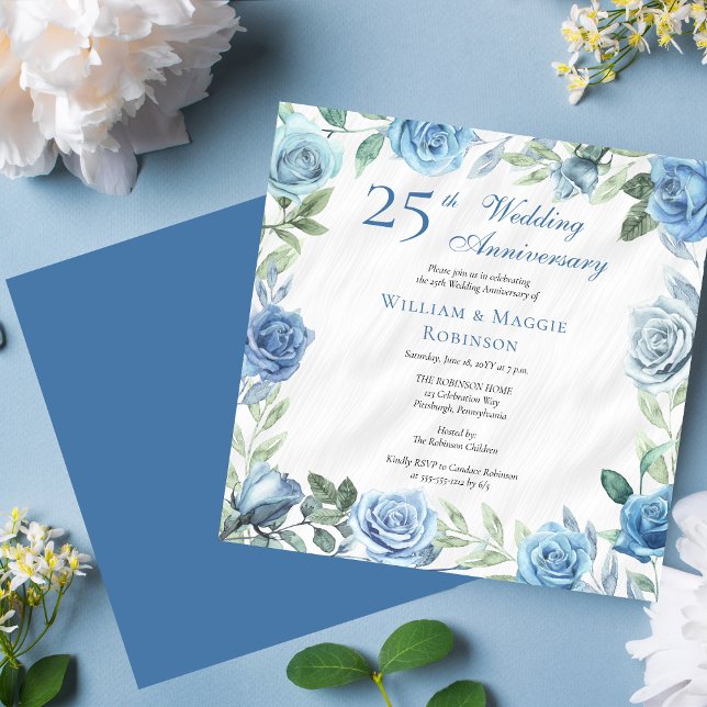 Elegant Blue Blommigt 25:e Bröllop-årsdagen Party Inbjudningar (Elegant Blue and White with Sage Green Floral Frame Square 25th Wedding Anniversary Party Invitation)