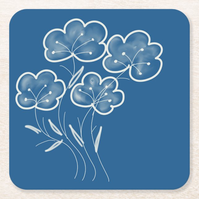 Elegant Blue Blommigt Art Underlägg Papper Kvadrat (Framsidan)