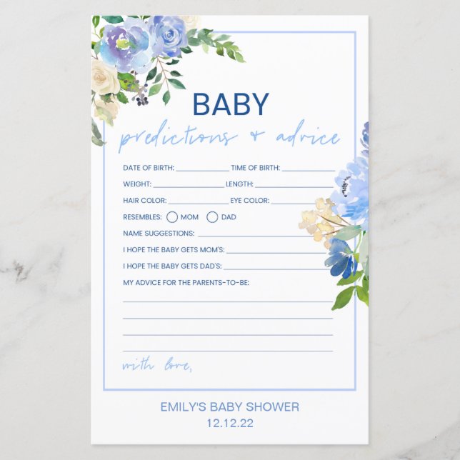Elegant Blue Blommigt Baby Shower Game Prated, Boy (Framsida)
