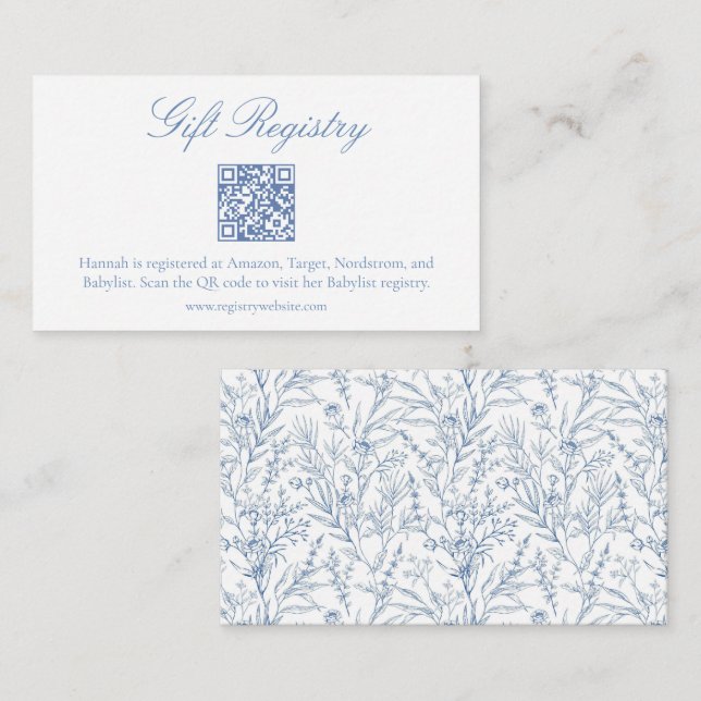 Elegant Blue Blommigt Baby Shower Gift QR-register Tilläggskort (Fram/baksida)