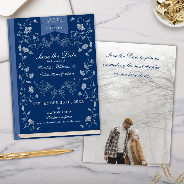 Elegant Blue Blommigt Bibliotek Bröllop spara datu Inbjudningar (Blue and Cream Elegant Save the Date Wedding Invitation Cards for Library Book Cover Victorian Era)