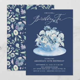 Elegant Blue Blommigt Birthday Tea Inbjudningar