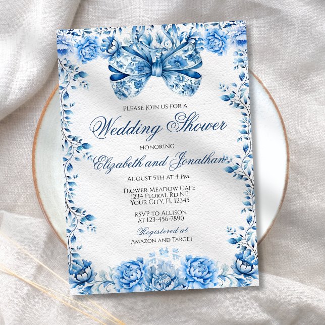 Elegant Blue Blommigt Bow Bröllop Par Shower Inbjudningar (Skapare uppladdad)